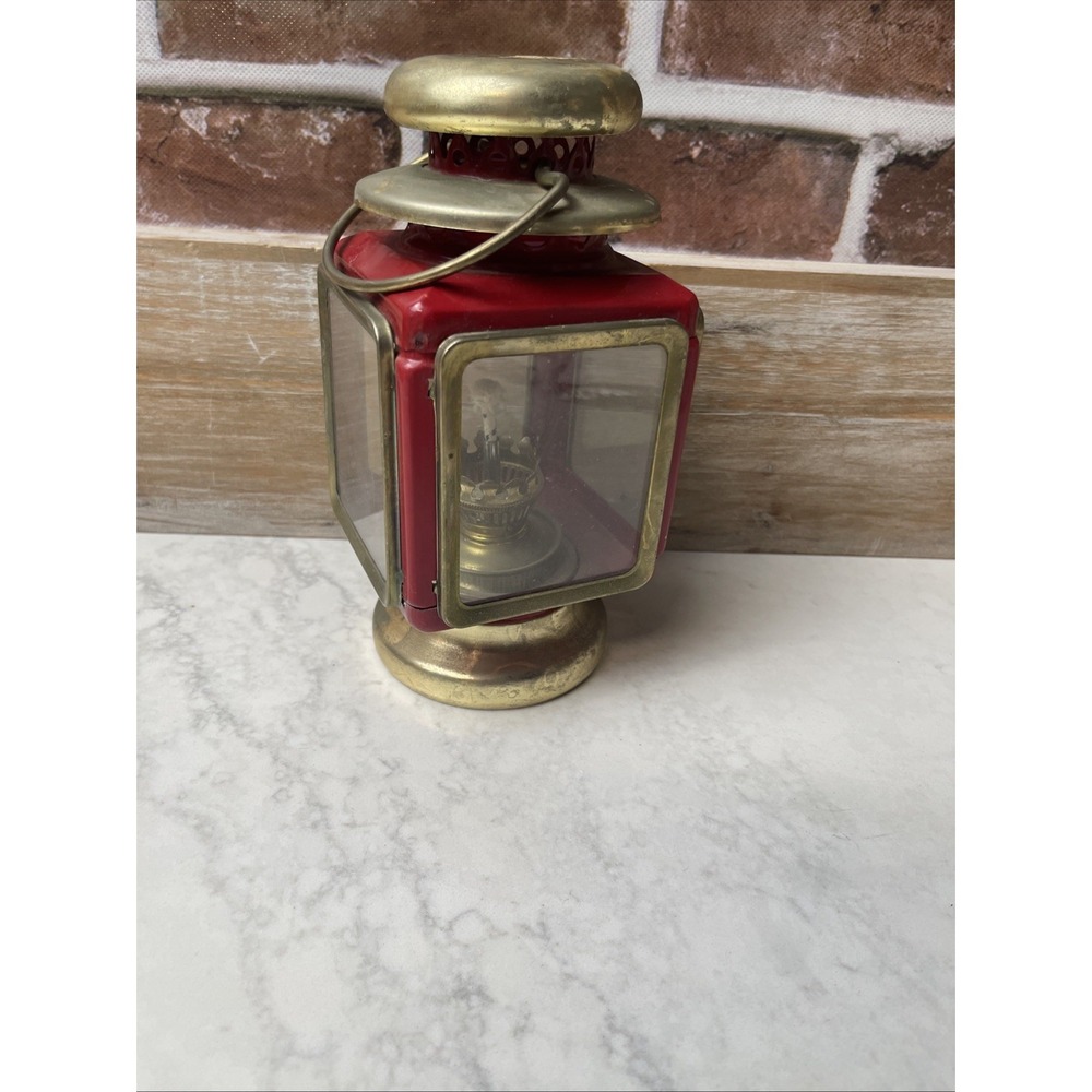 "Antique/Vintage Old Fashioned Red & Brass 4 Glass Sided Lantern"